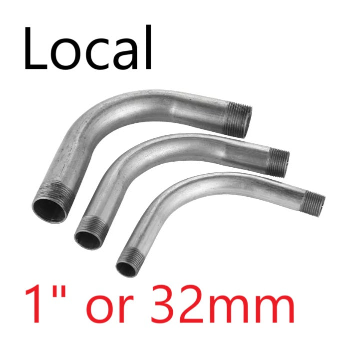 Local Metal Conduit Elbow 32mm x 3 Meters showing three angled metal pipes with threaded ends