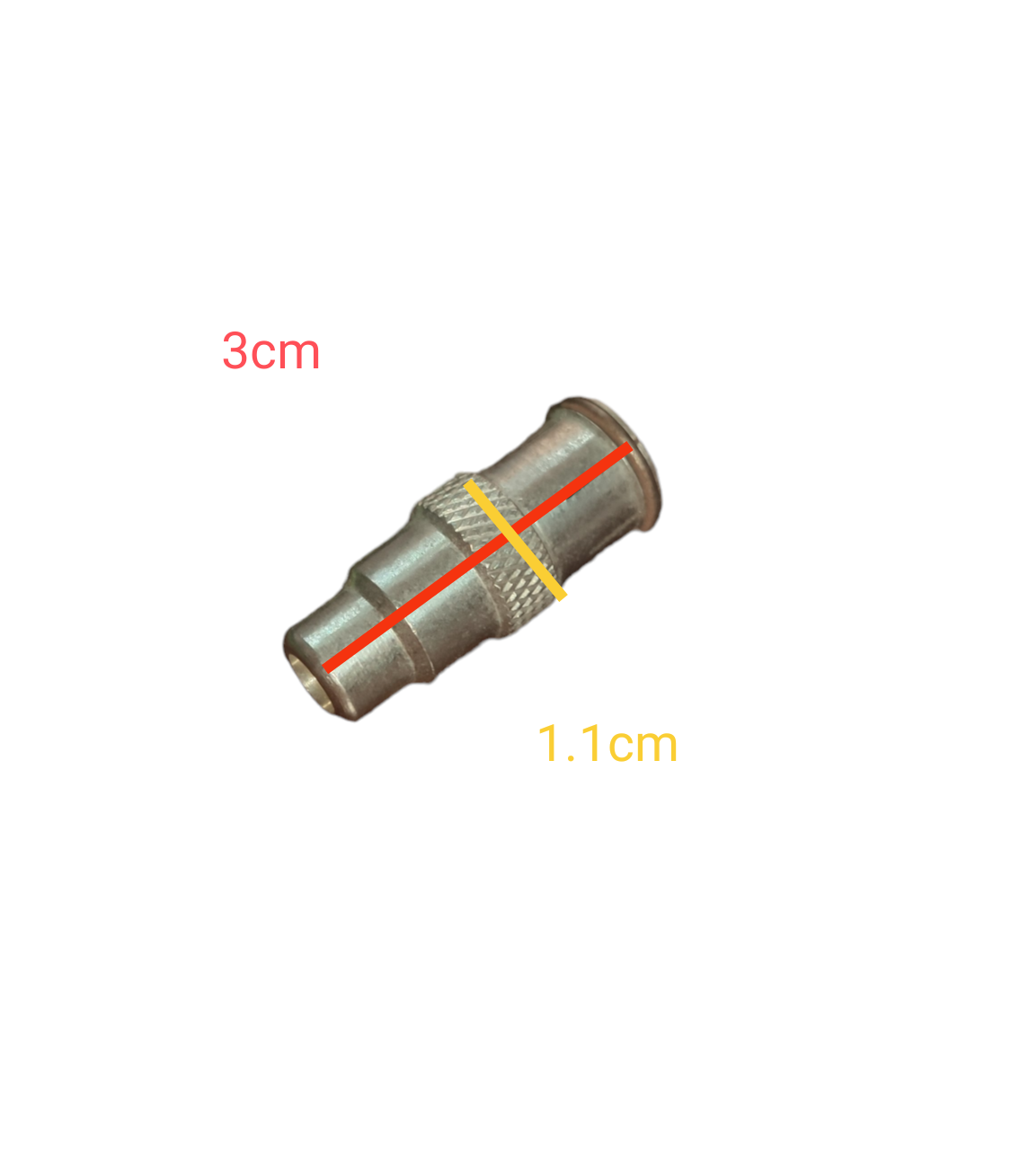 Compact PAL Jack to RCA Jack Adaptor in metal finish with measurements 3 cm by 1.1 cm