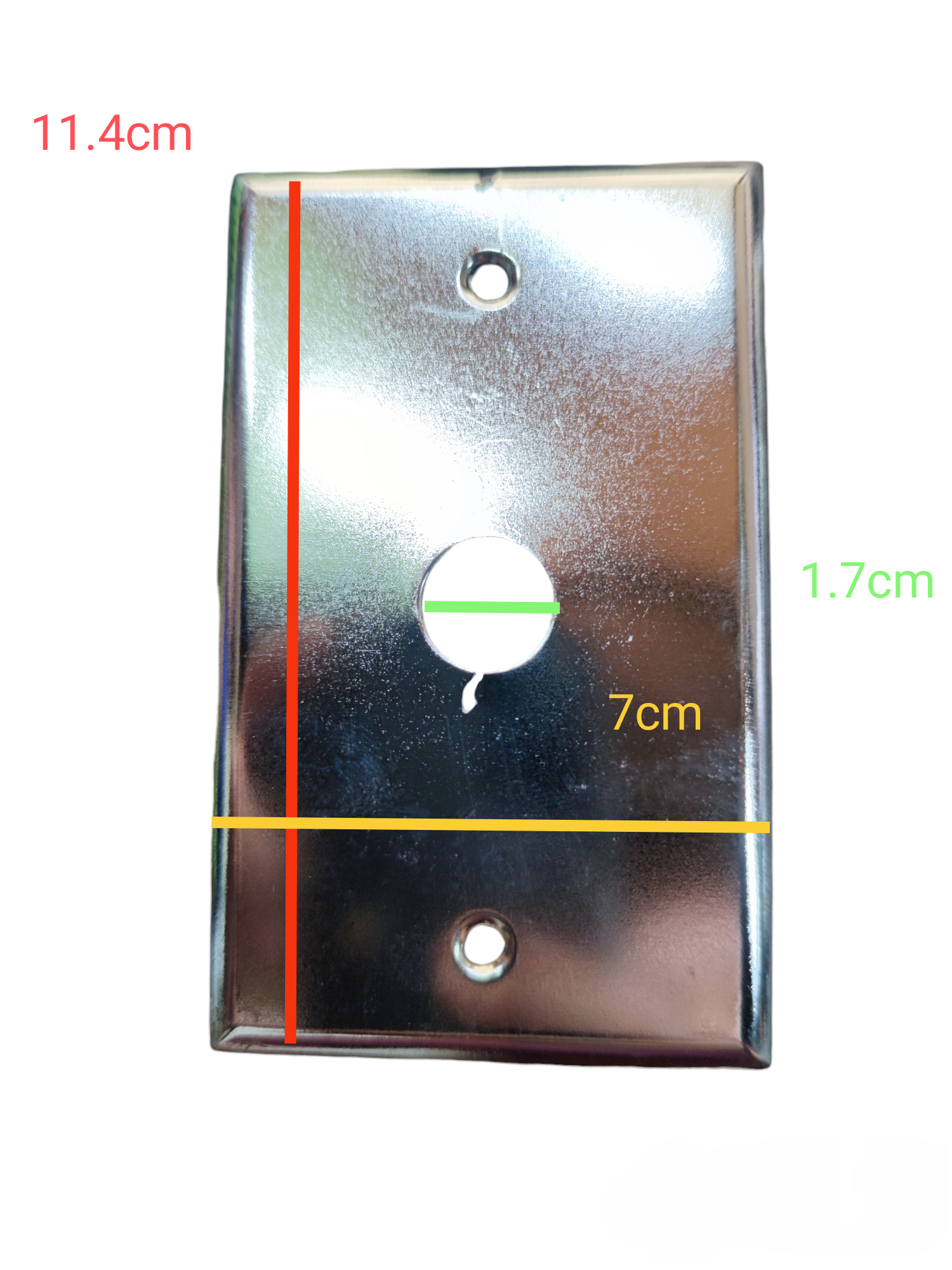 Shiny metal plate cover with a 1.7cm hole, measuring 11.4cm by 7cm for electrical installations