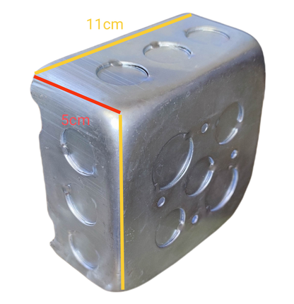 Metal Square Box 11 cm x 11 cm x 4 cm with multiple cutouts for electrical circuitry applications