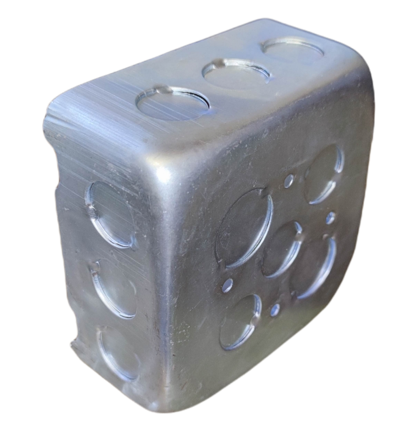 Metal Square Box 11 cm x 11 cm x 4 cm with circular cutouts for electrical circuitry applications
