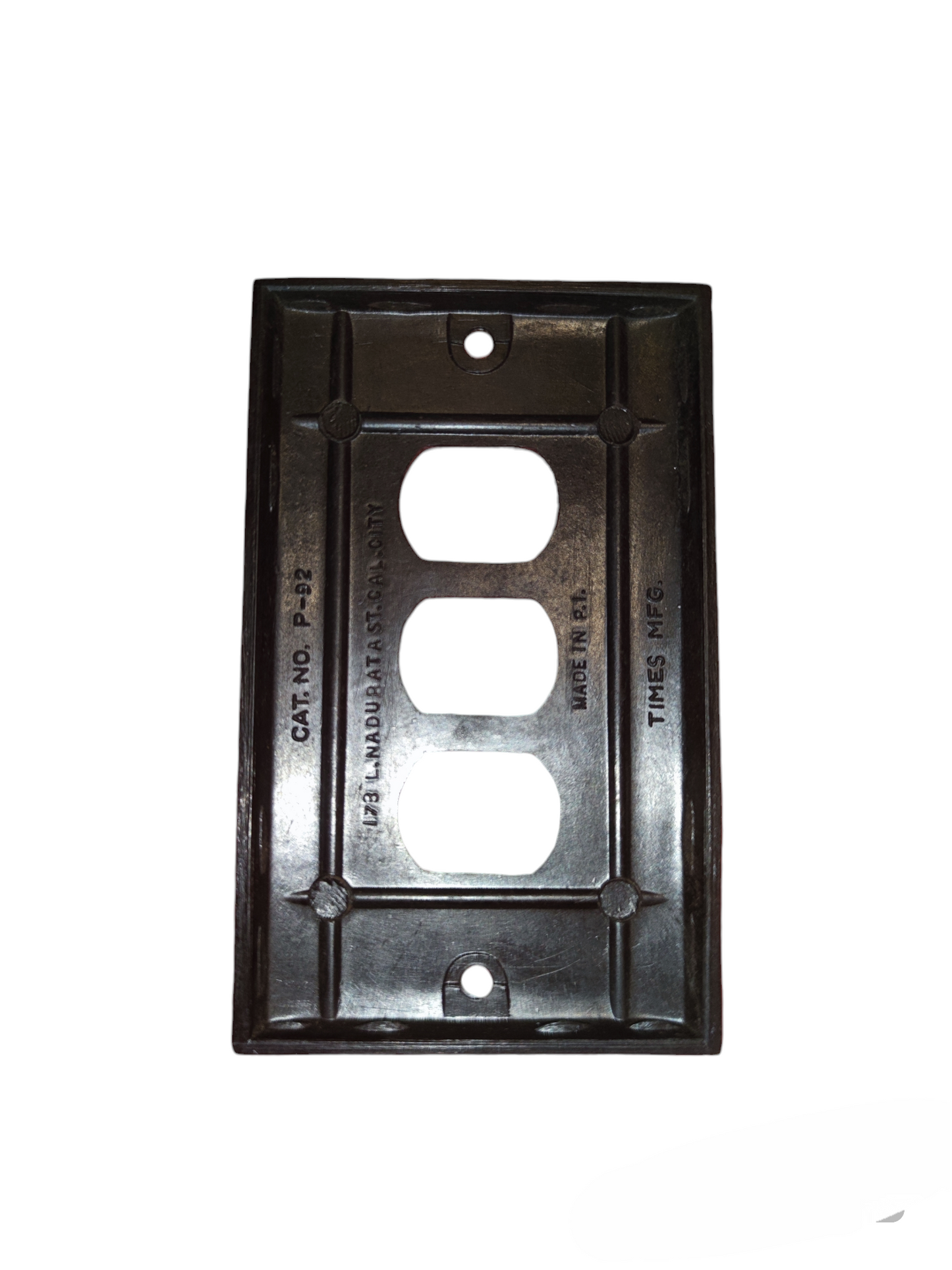 Black metal switch cover 3 gang with three rectangular openings for switches or plugs