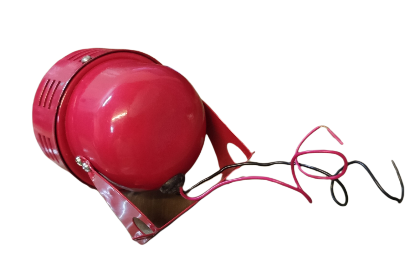 Red Mini Siren 12V DC alarm system accessory with mounting bracket and wiring