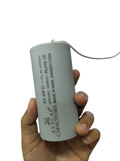 Syscap Motor Capacitor 45 MFD 450V in Hand for Electrical Applications