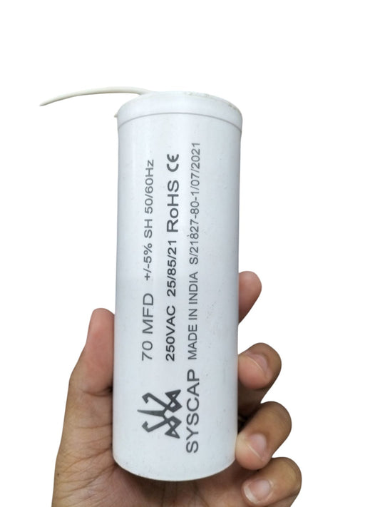 Syscap 70MFD 250V motor capacitor in white casing for electrical applications