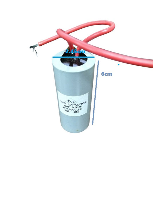 DJE motor capacitor with red wires and cylindrical silver body measuring 6 cm by 2.45 cm