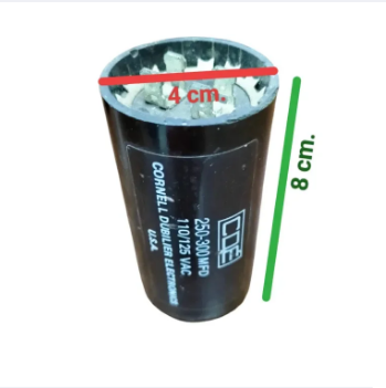 CDE Motor Start Capacitor 250-200 MFD black cylindrical electrical component with size markings