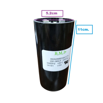 BMI Motor Starting Capacitor 200-240uF with dimensions 5.2cm wide and 11cm tall