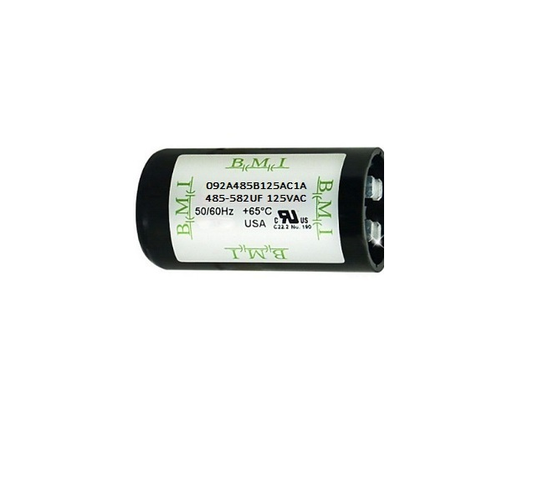 BMI Motor Starting Capacitor 485-582 UF black cylindrical electrical part with voltage and frequency specifications