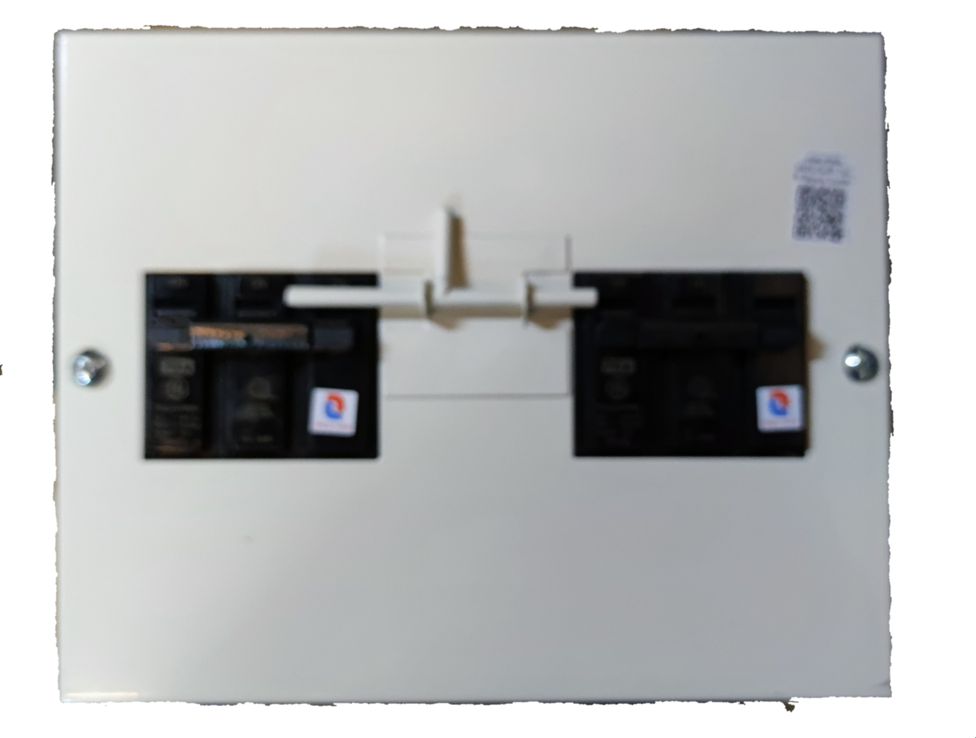 Koten and GE electrical panel featuring MTS 100A 3 Pole Three Phase circuit breaker in white enclosure