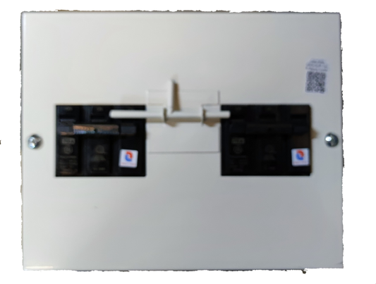 Koten and GE electrical panel featuring MTS 100A 3 Pole Three Phase circuit breaker in white enclosure