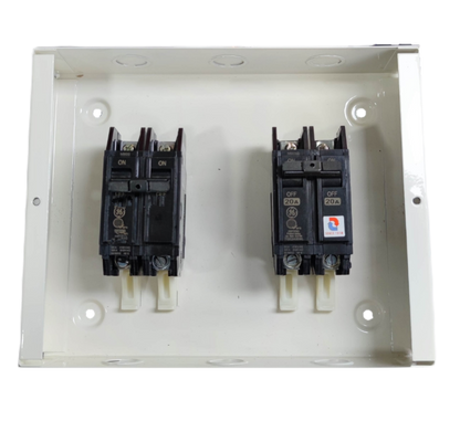 GE Koten MTS 2 pole single phase switch mounted on white metal panel for electrical circuitry
