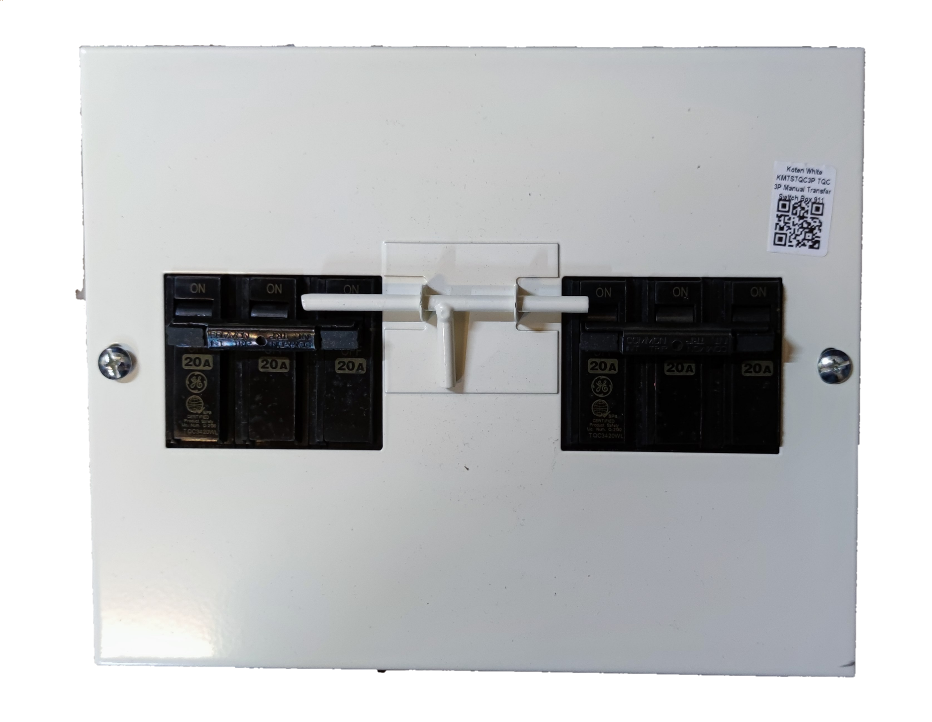 Koten and GE MTS 20A 3 Pole Three Phase electrical circuit breaker panel in white