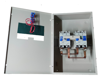 Electx Electrical Supply 250A MTS 2 Pole Single Pole electrical circuitry component inside a white metal enclosure