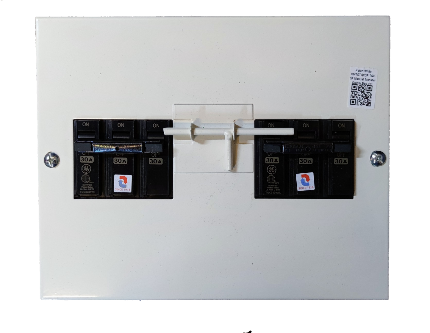 Koten and GE MTS 30A 3 Pole Single Phase electrical circuitry part in white casing with black switches
