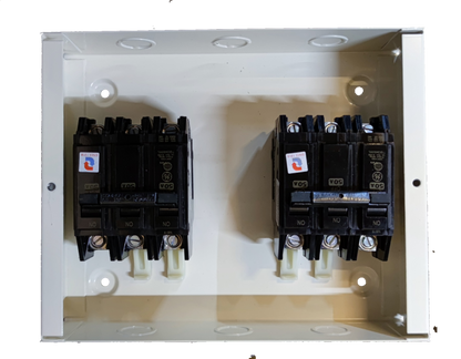 MTS 40A 3 Pole Three Phase electrical circuit breakers mounted on a white panel box