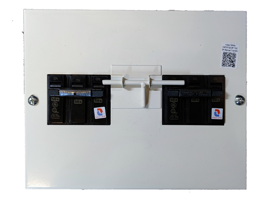 Koten and GE MTS 50A 3 Pole Three Phase electrical circuit breaker panel with black switches