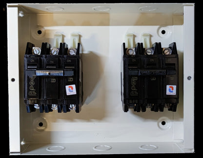 Koten and GE MTS 70A 3 Pole Three Phase electrical circuit breaker panel with two black switches