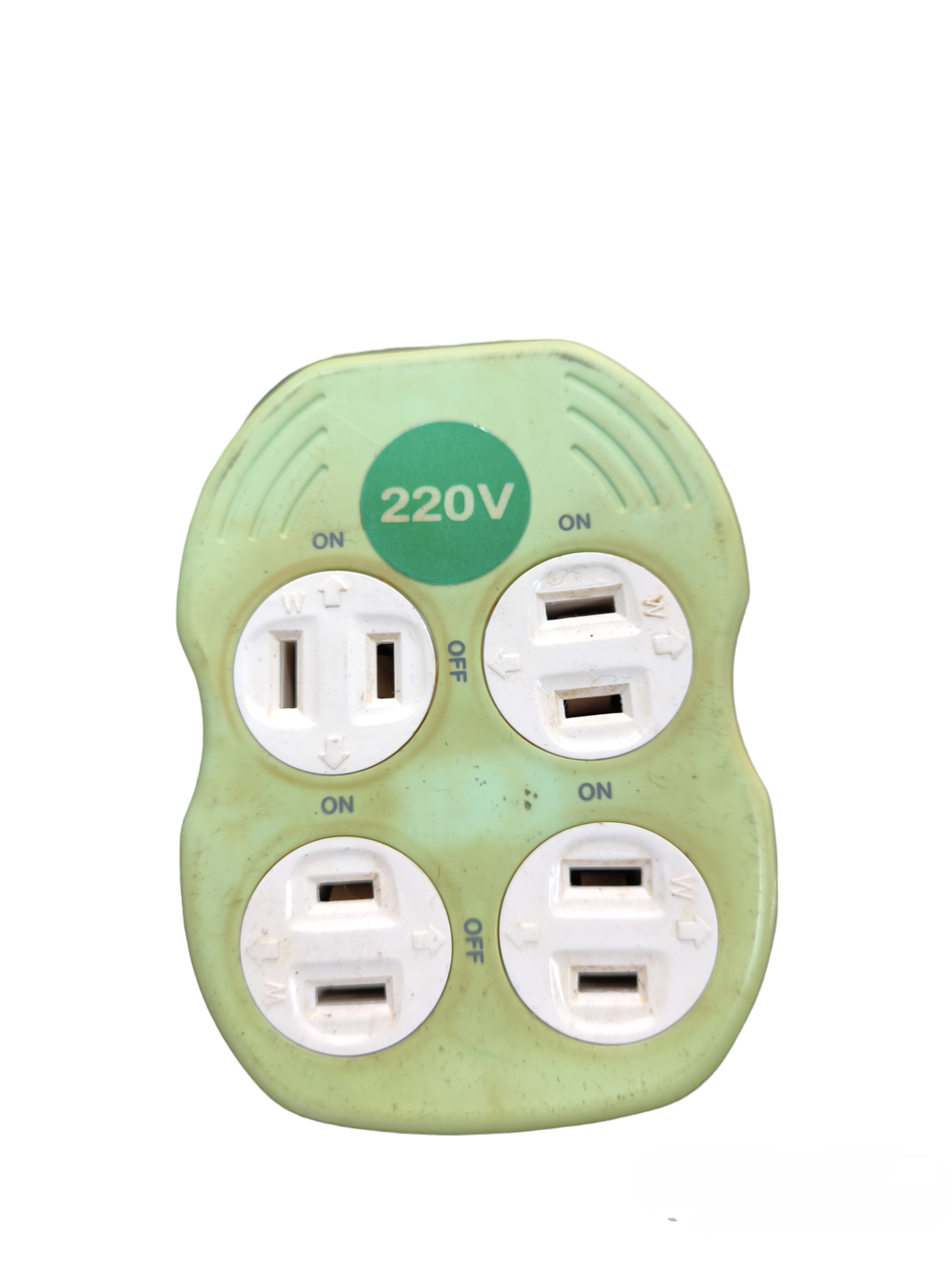 Green 10A 250V multi outlet adapter with four sockets and on off switches from Japan