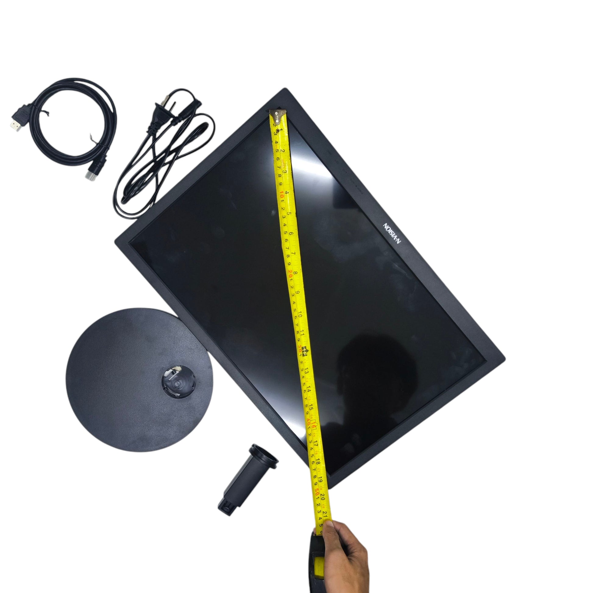 N-Vision 19 inch LED monitor 1080p with measuring tape and cables displayed beside it