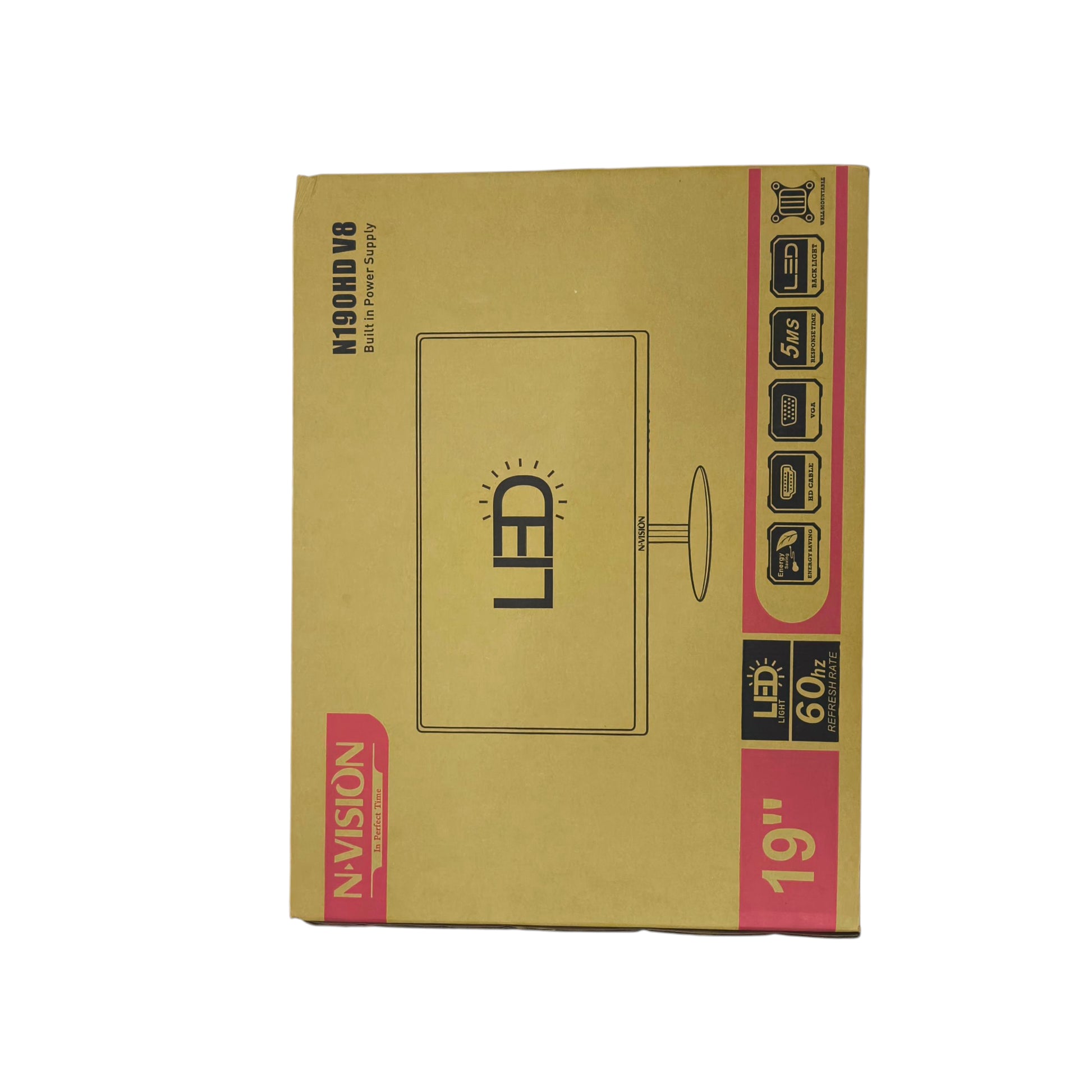 N-Vision 19 inch LED monitor 1080p packaging box featuring sleek design and clear specifications