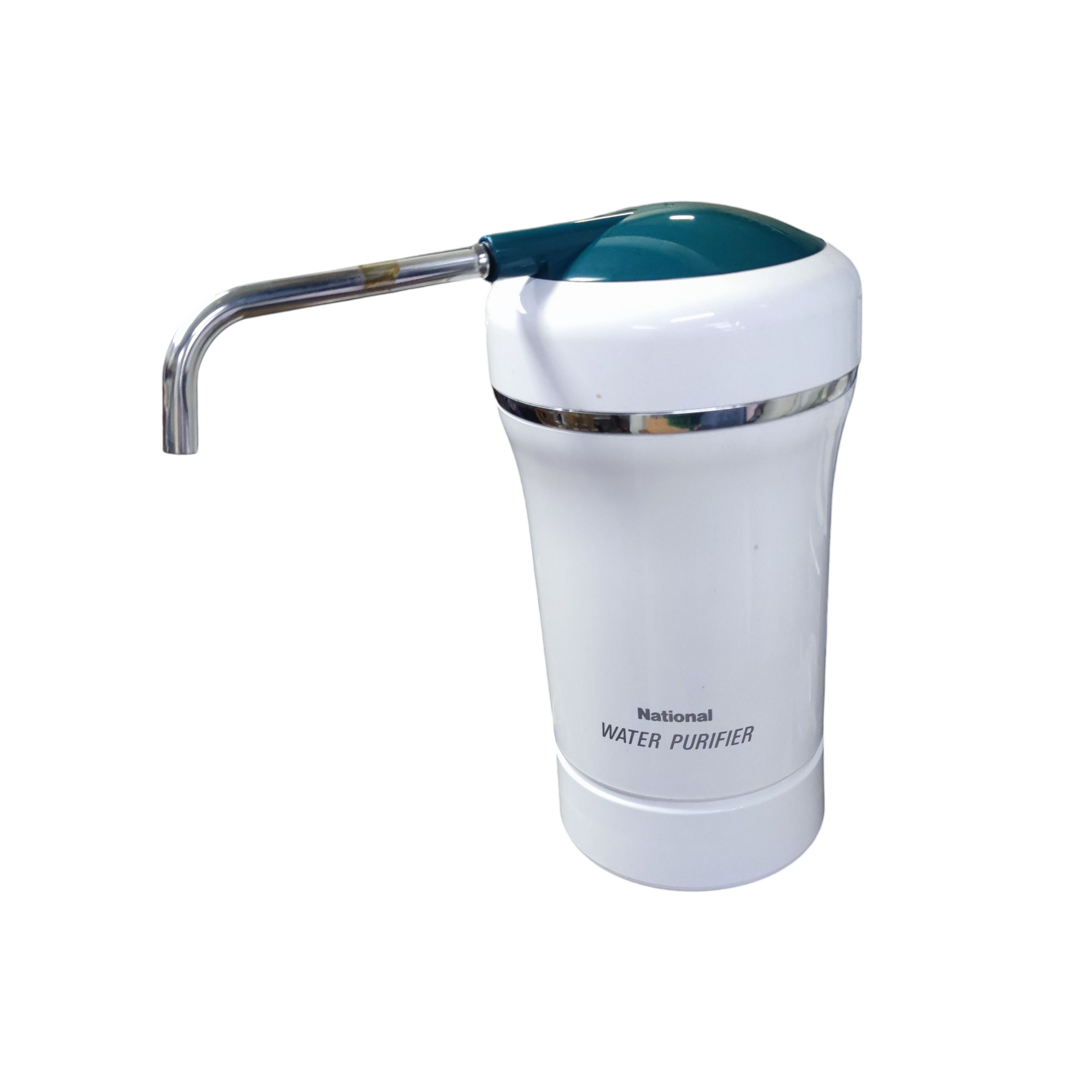 National Water Purifier PJ-3RF white countertop water purifier with metal spout and green top