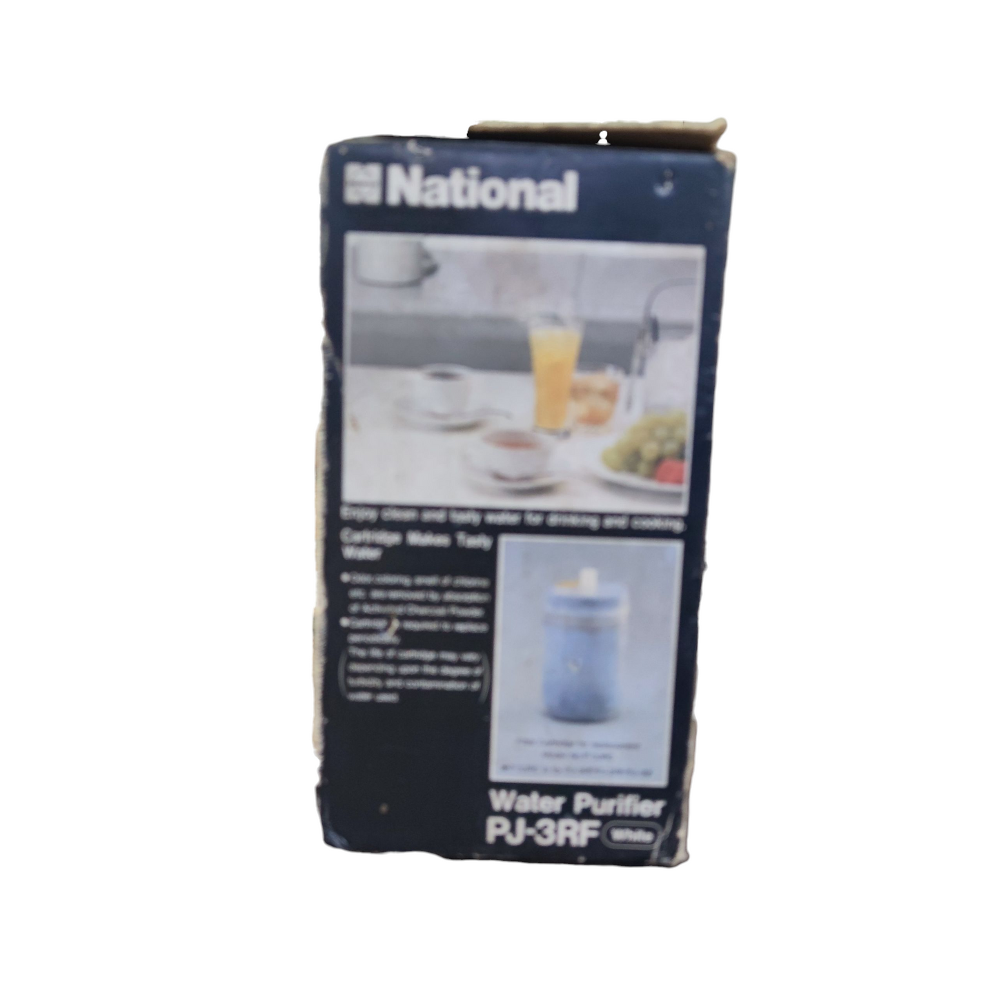 National Water Purifier PJ-3RF box showing product details and kitchen use with glass of water and fruits