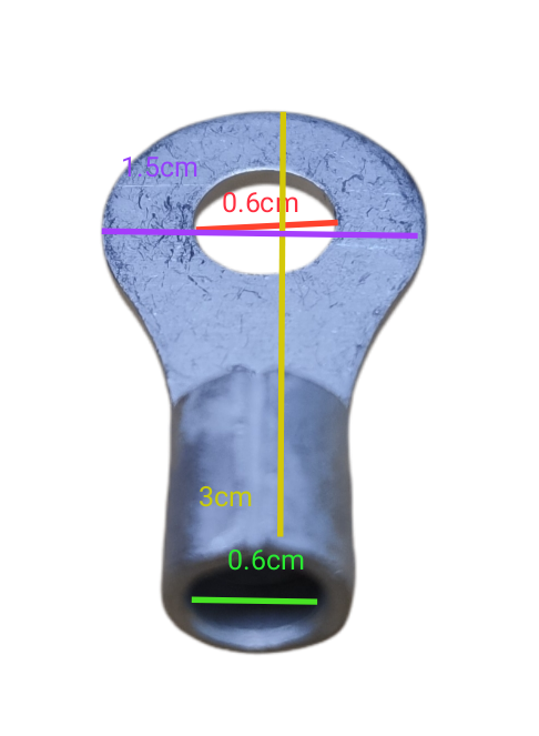 Close-up image of non-insulated round terminal lugs 8mm with precise measurements shown