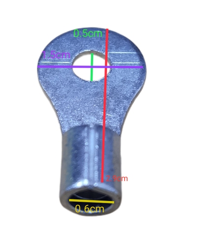 Non-insulated round terminal lugs 8mm shown with measurement markings for precise sizing