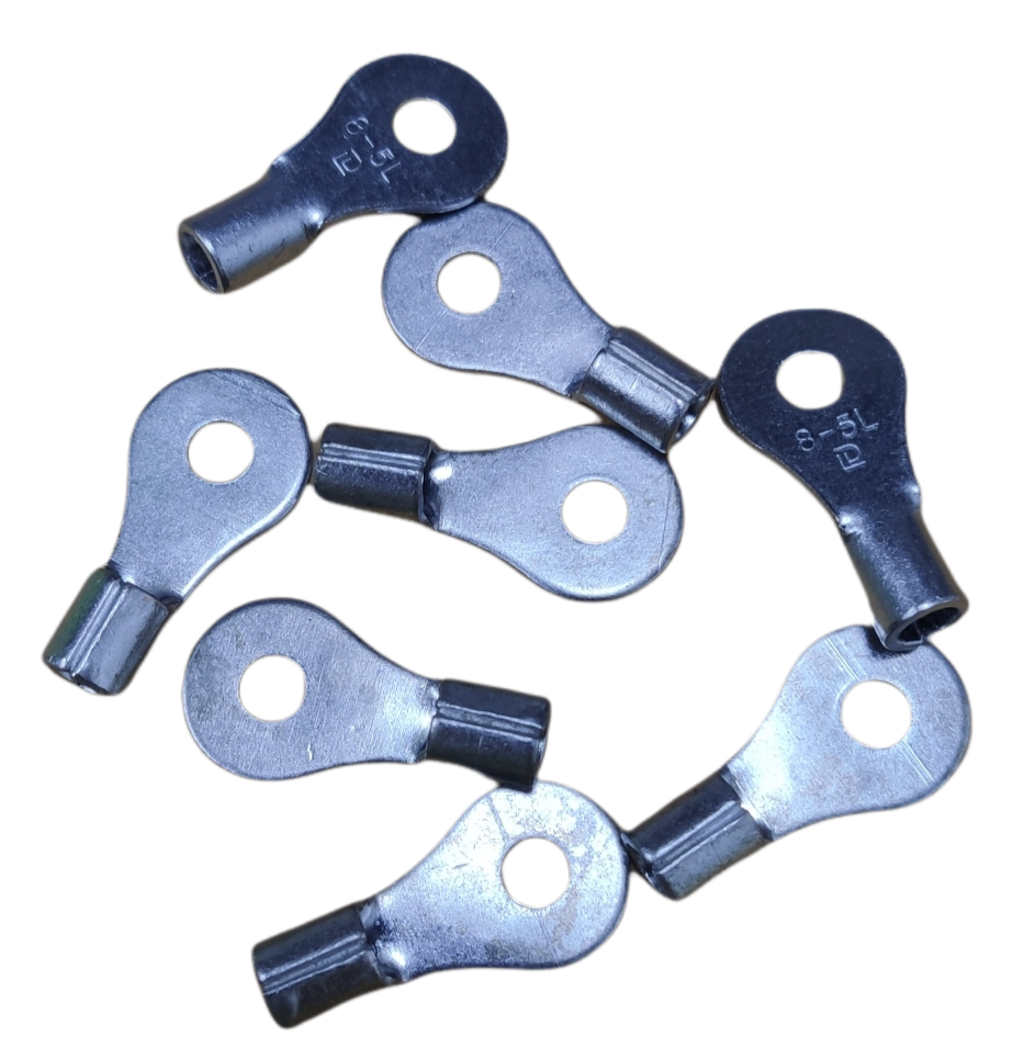 Non-insulated round terminal lugs 8mm in silver, ideal for electrical connections and circuits