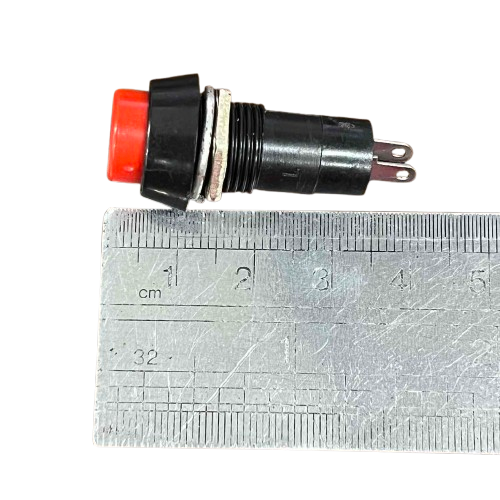 Normally Open Monetary Switch Red 1A shown next to a ruler for size comparison