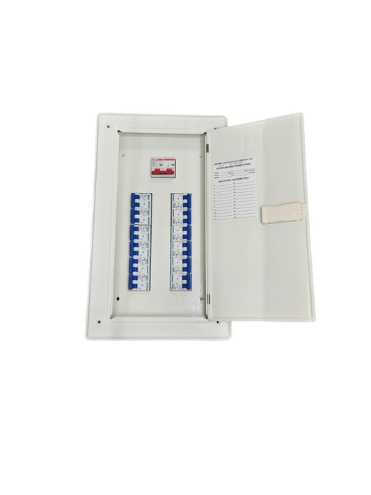 Royu Koten and Himel 12 Branches Panel Box for MCB 125a 2P Main. white metal enclosure with 12 blue MCBs
