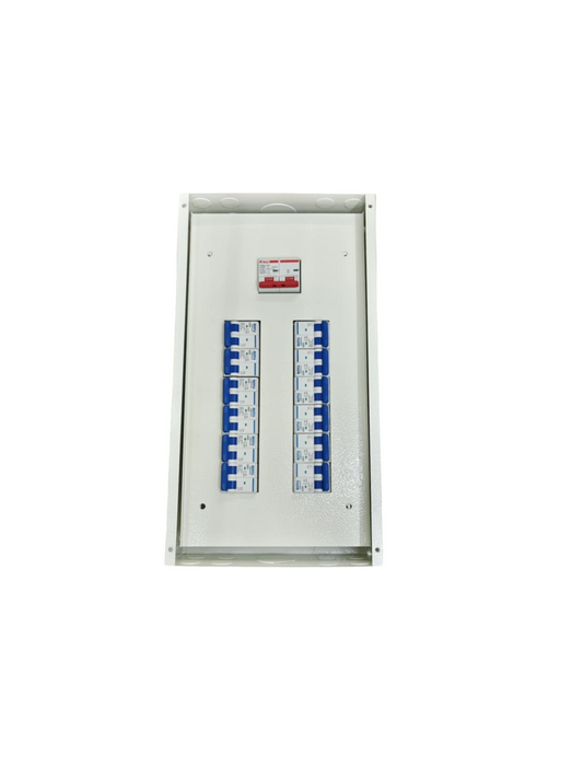 12 Branches Panel Box for MCB 125a 2P Main white metal distribution board with 12 blue MCBs and top 2P main