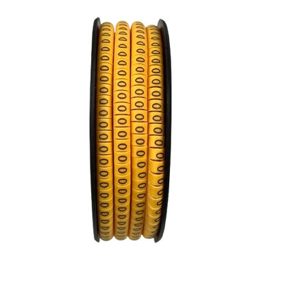 Yellow O Marker 2.6mm to 4.2mm cable management markers on a black spool from China