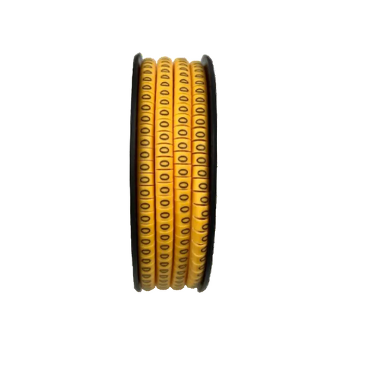 Yellow O Marker 2.6mm to 4.2mm cable management markers on a black spool from China