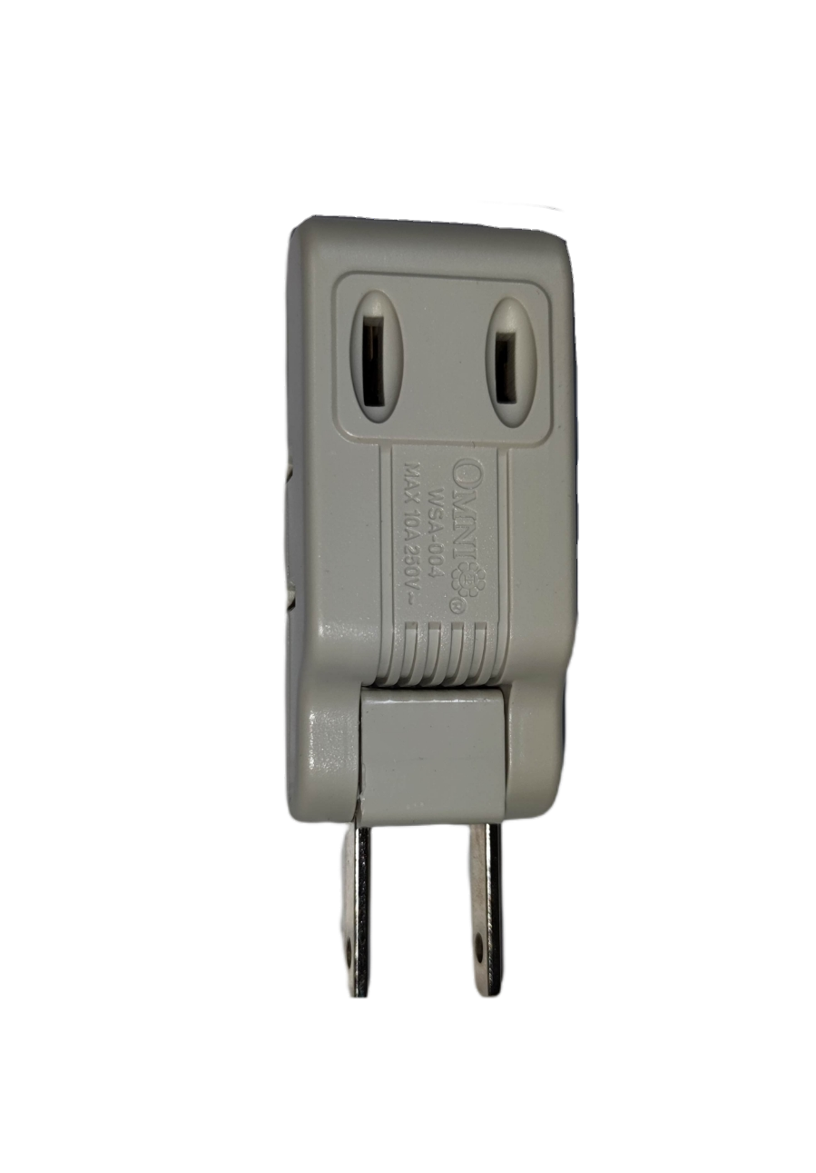 Omni 10A 250V electrical adaptor with two-prong design for safe power connections