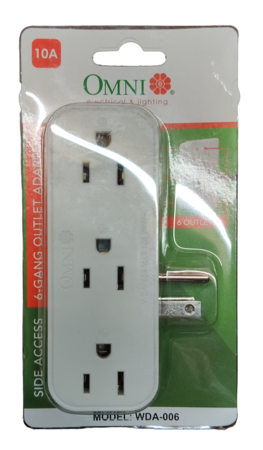 Omni 10A 250V multi socket adapter with 6 outlets and side access design for convenient power access.