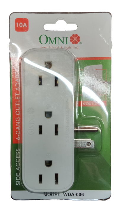 Omni 10A 250V multi socket adapter with 6 outlets and side access design for convenient power access.