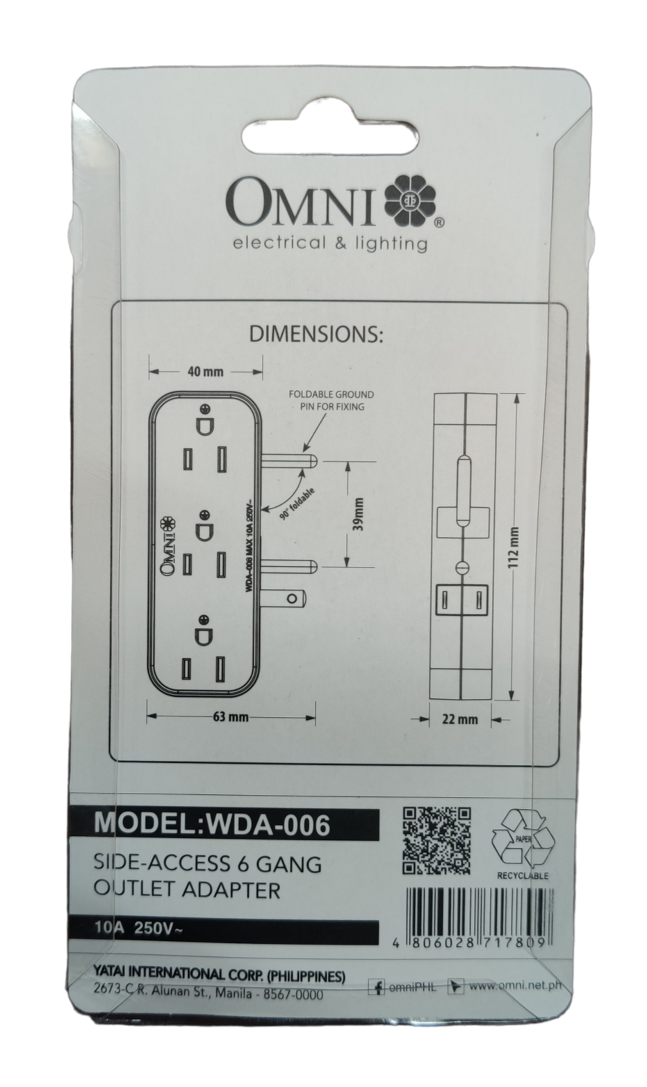 Omni 10A 250V multi socket adapter with side-access design for convenient use