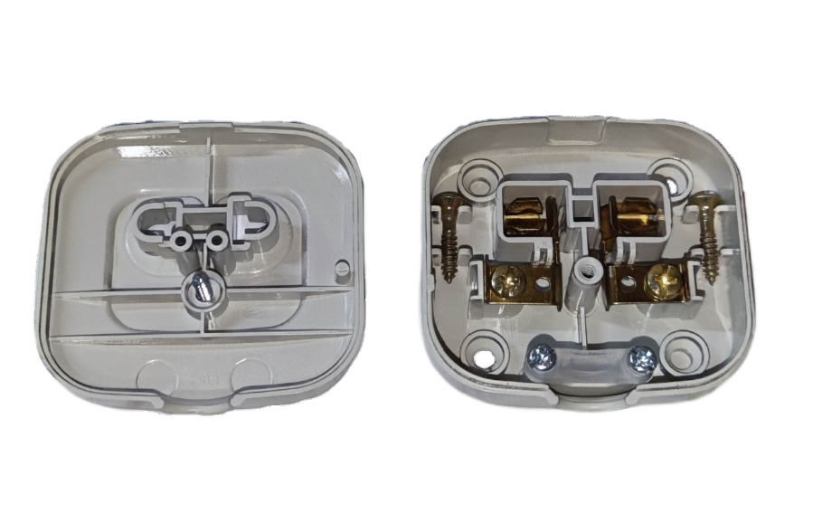 Omni 10A 250V single surface outlet with clear wiring terminals for easy installation