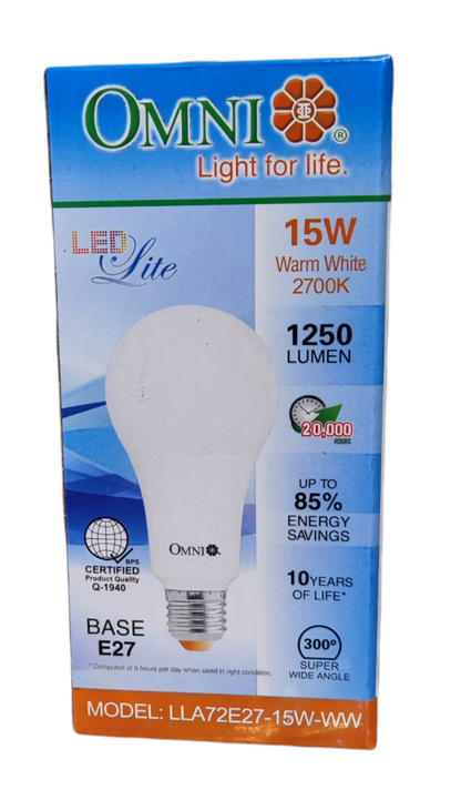 Omni 15W LED Bulb E27 220V A72 with warm white light, 1250 lumens, and energy-saving features