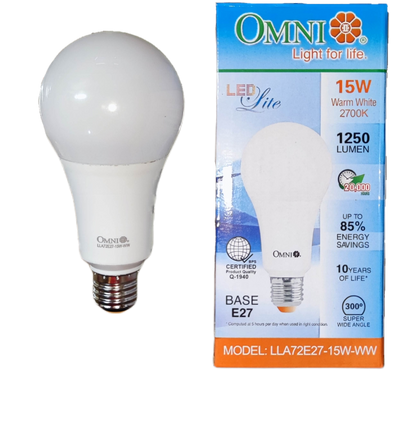 Omni 15W LED Bulb E27 220V A72 with Warm White Light and 1250 Lumen Brightness