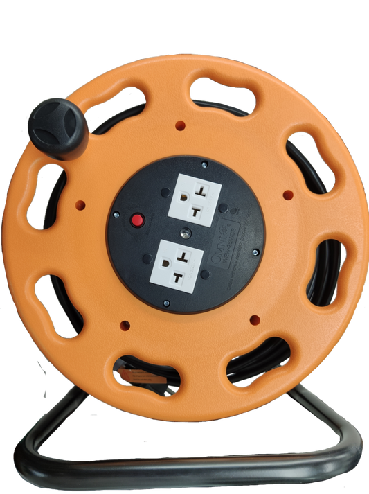 Omni 25 meter extension cord wheel in orange with dual power outlets and sturdy carrying handle