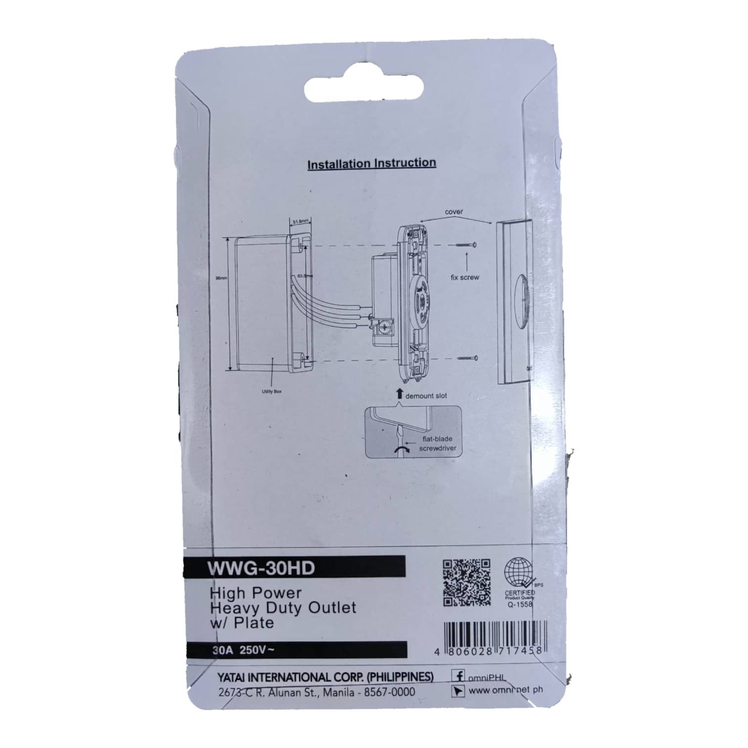 Omni 30A twistlock outlet with plate cover installation instructions for high power outlets