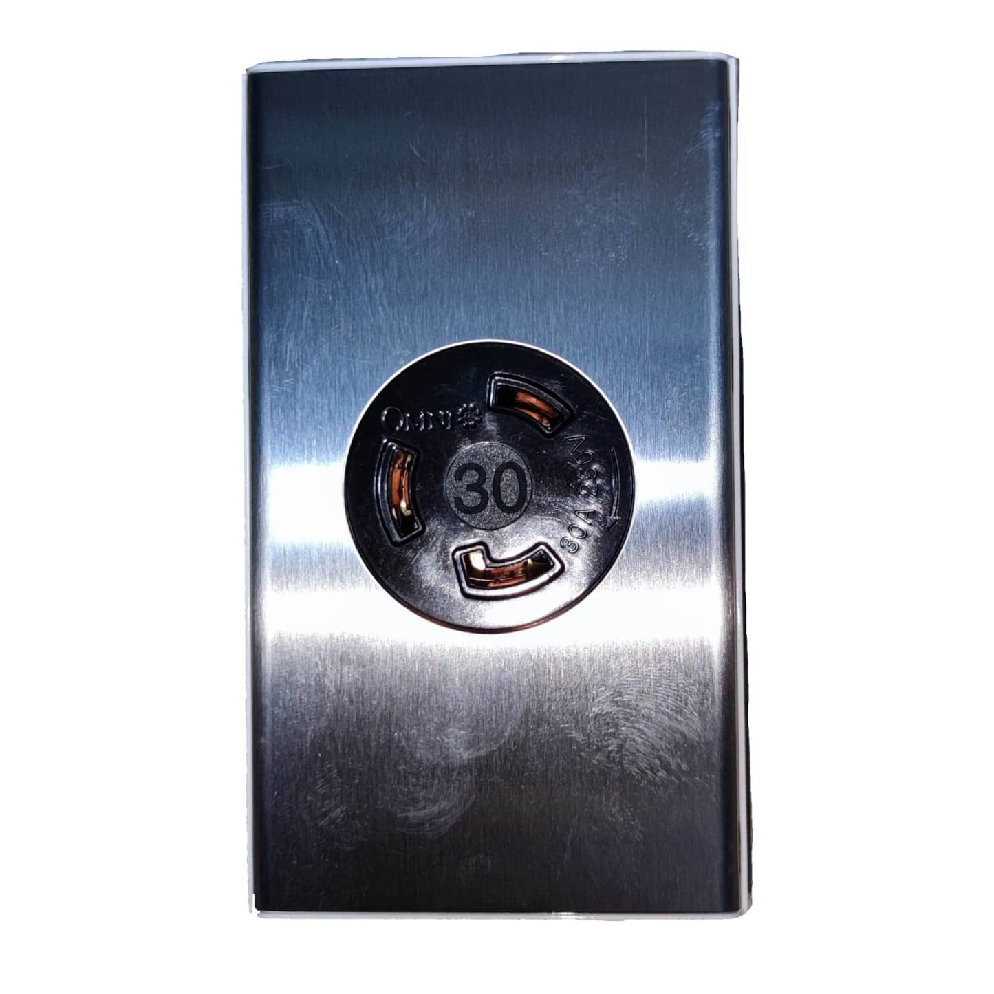 Omni 30A twistlock outlet with plate cover featuring a durable stainless steel design