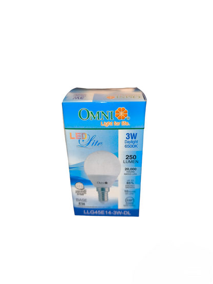 Omni 3W LED Bulb E14 Base 250 Lumen in packaging for energy-efficient lighting