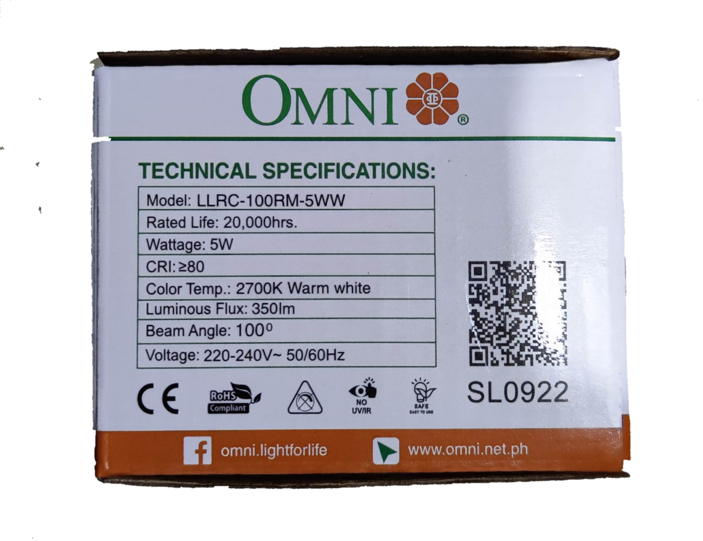 Omni 5W LED movable downlight specifications with model, wattage, and lumens details