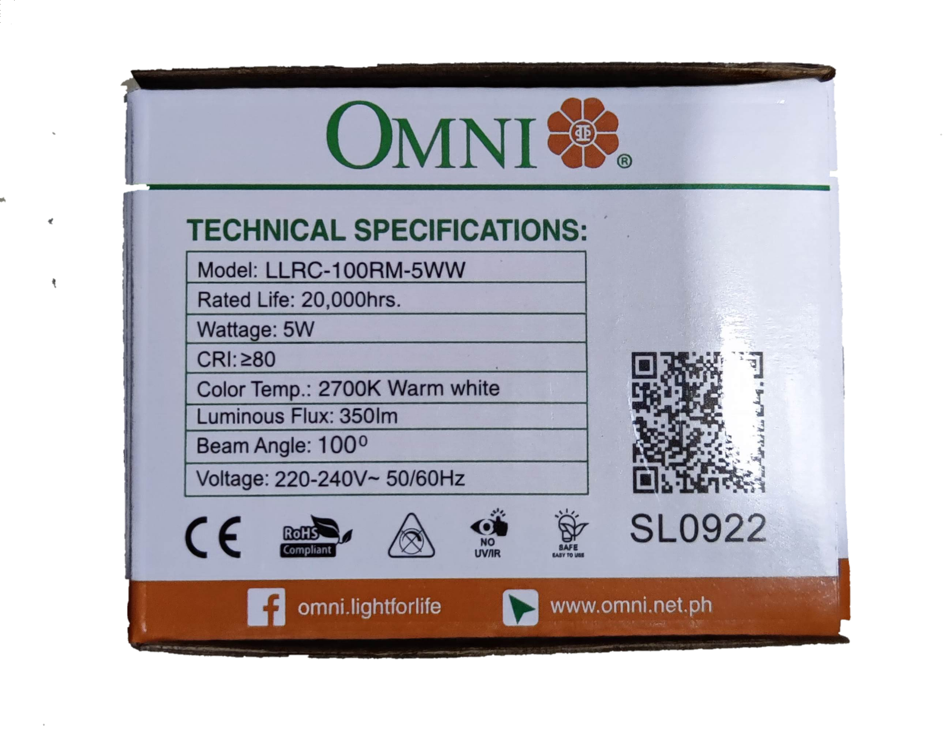 Omni 5W LED movable downlight specifications with model, wattage, and lumens details