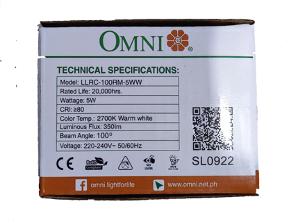 Omni 5W LED movable downlight specifications with model, wattage, and lumens details