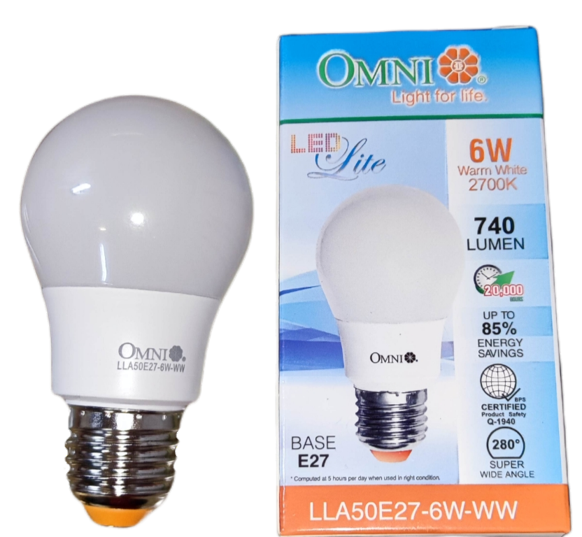 Omni 6W LED bulb E27 with 740 lumens and 2700K warm white light for energy-efficient lighting